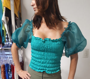 Blusa Cropped Manga Tule Bufante